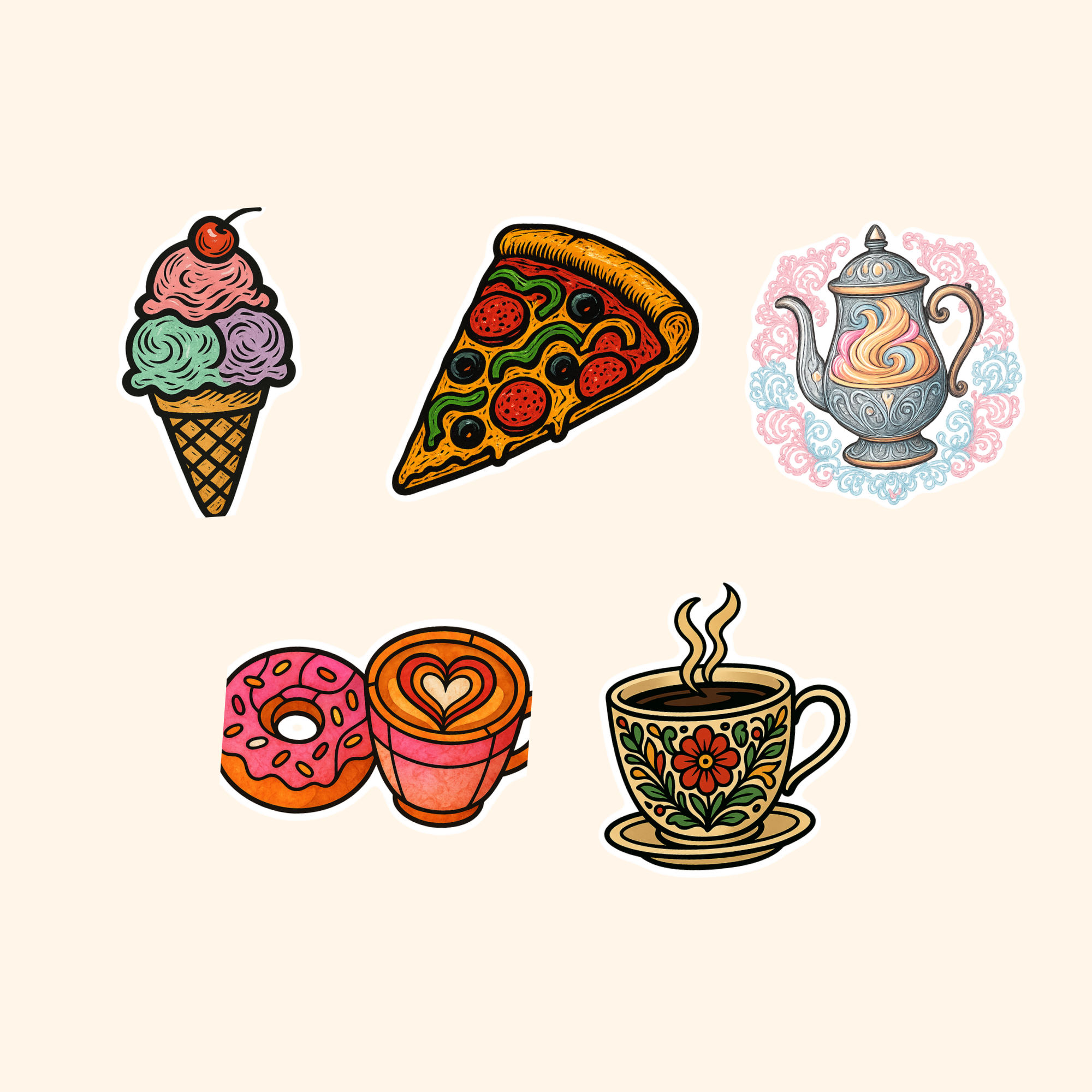 Food & Drink Sticker Pack (5-Pack) — all stickers included in the pack