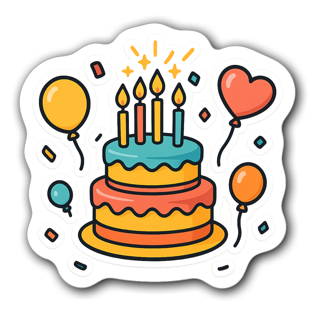 Colorful birthday cake with candles and confetti sticker