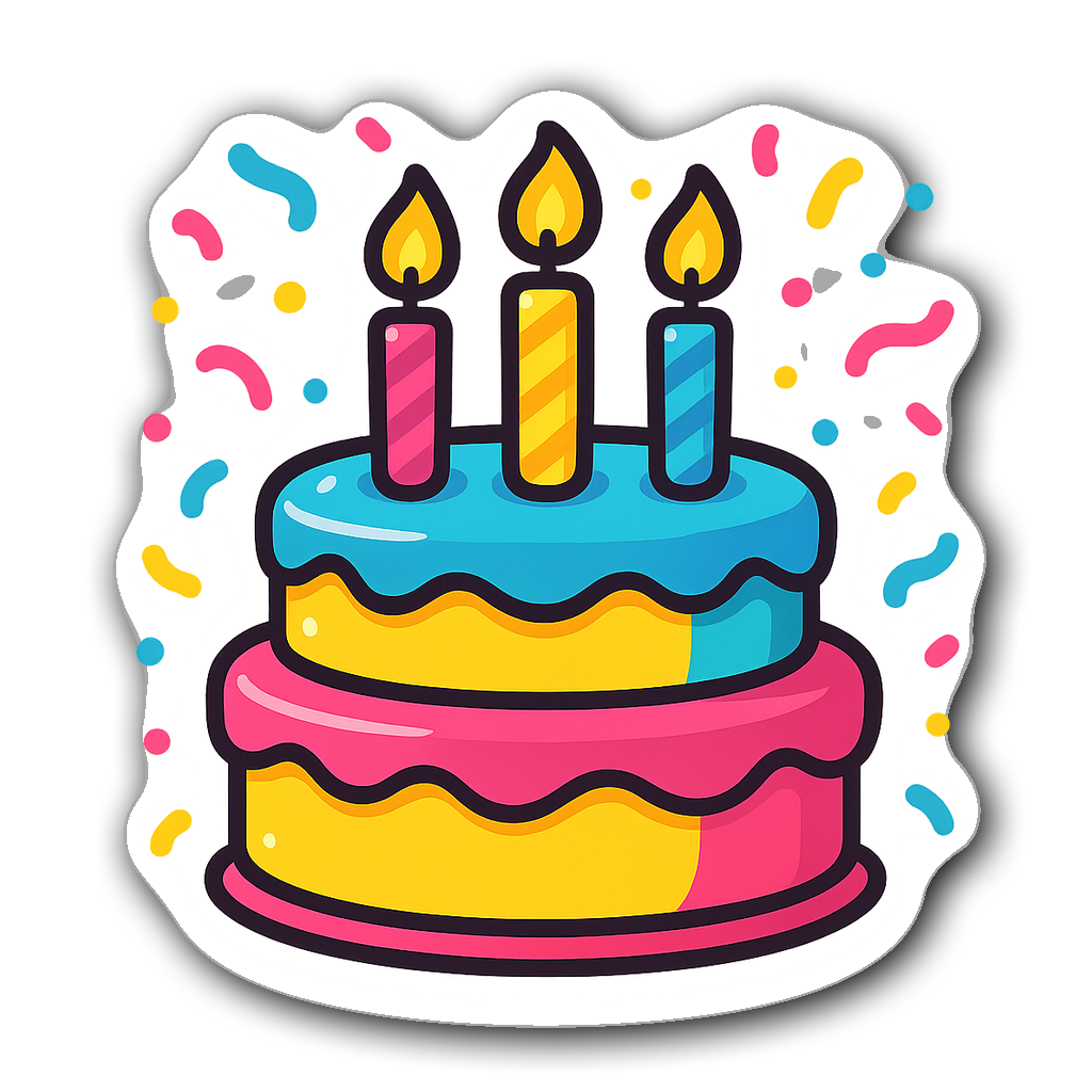 Colorful birthday cake with candles and confetti sticker