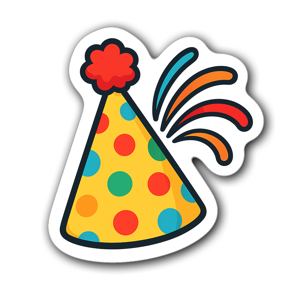 A cute cartoon-style party hat with polka dots and streamers