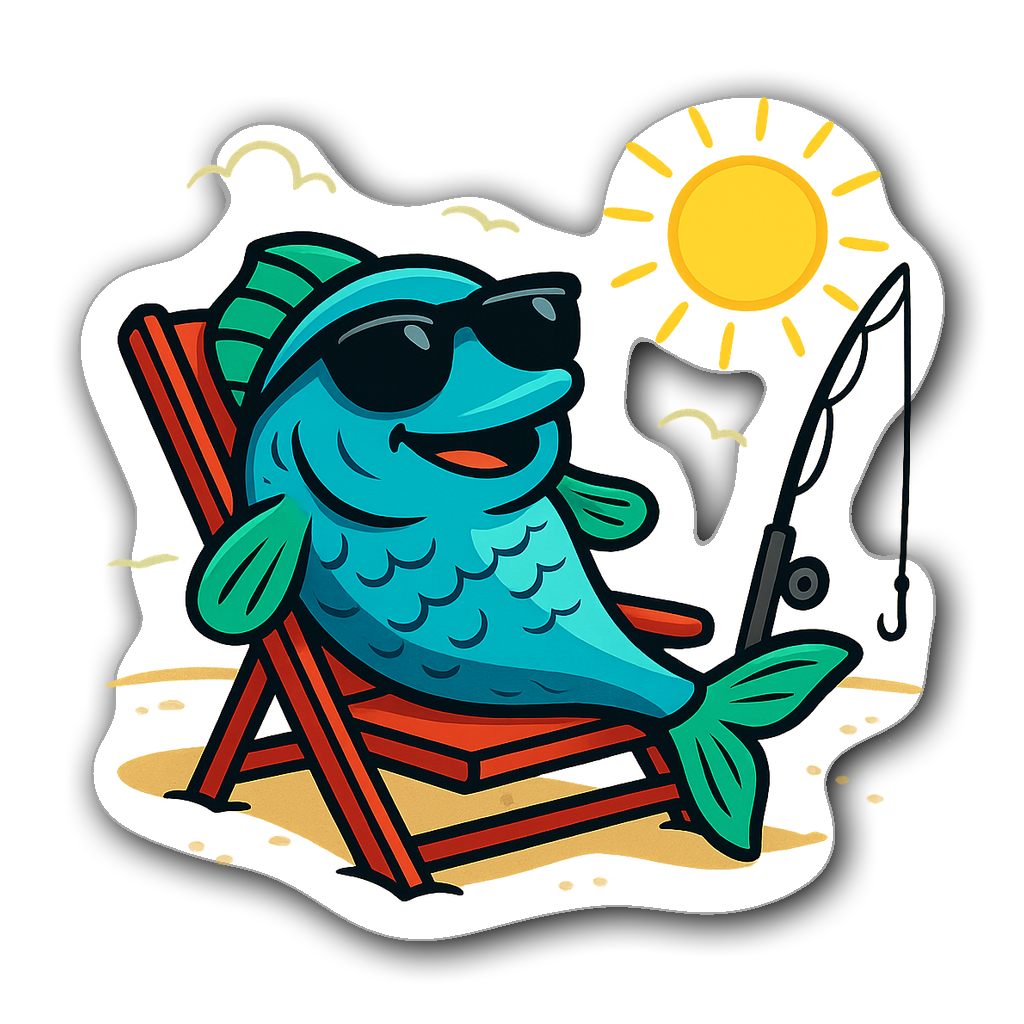 A cartoon fish wearing sunglasses on a beach chair with a fishing rod.