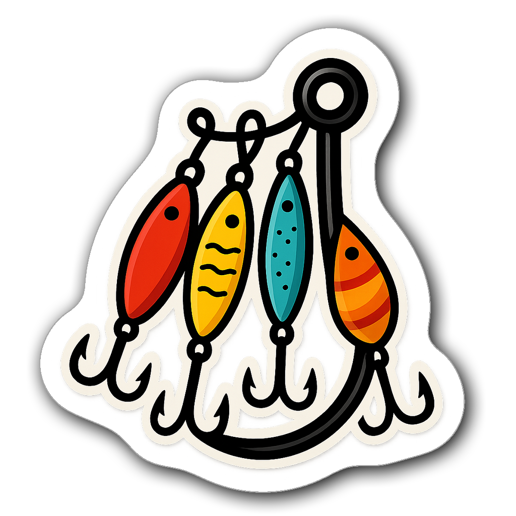 Colorful fishhook sticker with vibrant lures