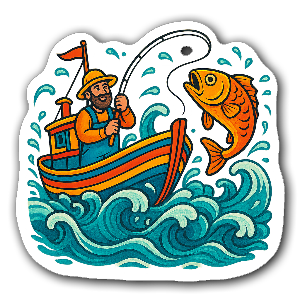 Bright fishing boat sticker with waves and fisherman casting