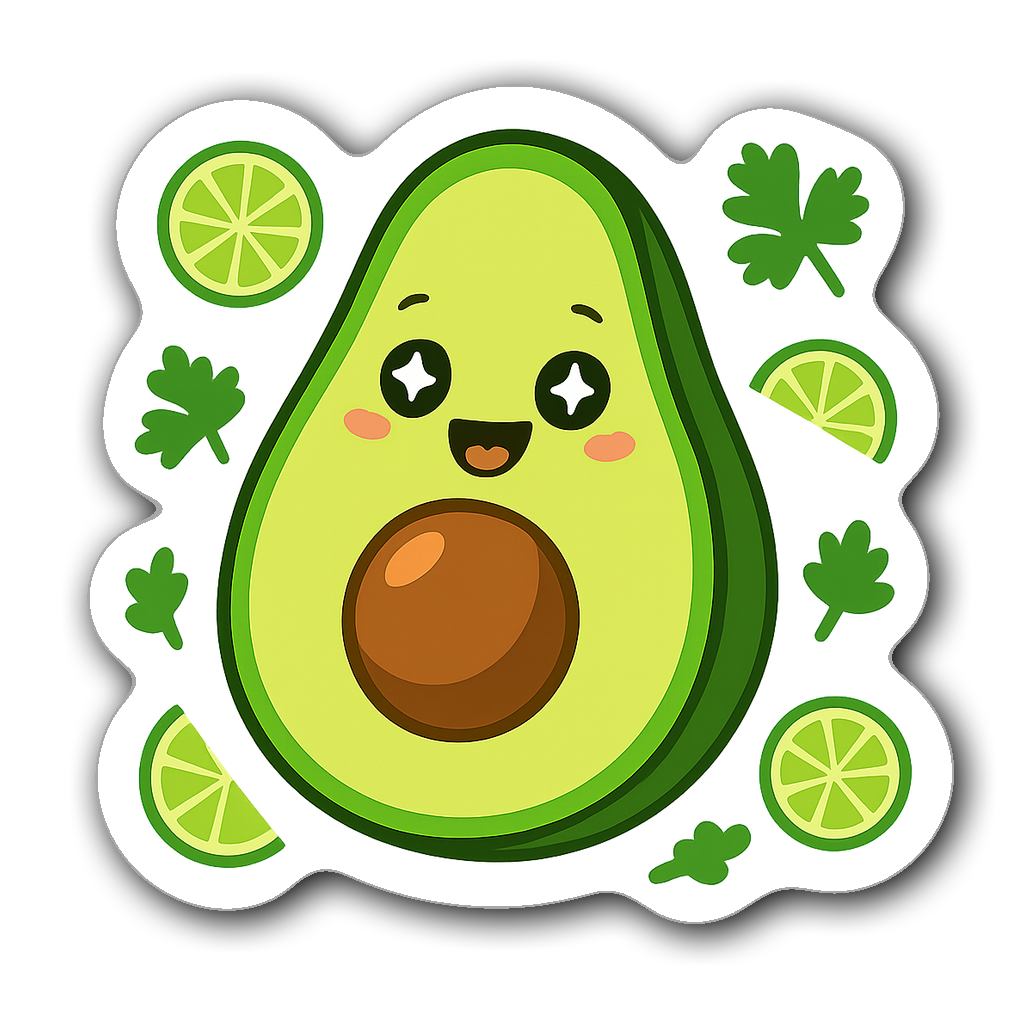 Cartoon avocado half with lime slices and cilantro leaves