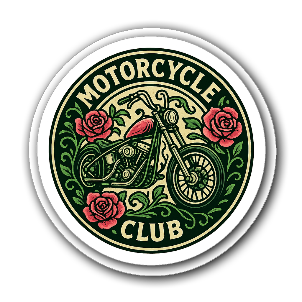Vintage motorcycle club badge sticker with chopper and roses