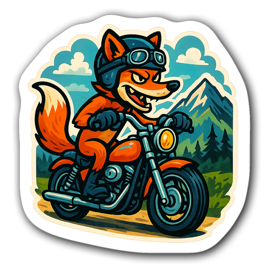 Biker fox character riding a motorcycle through mountains