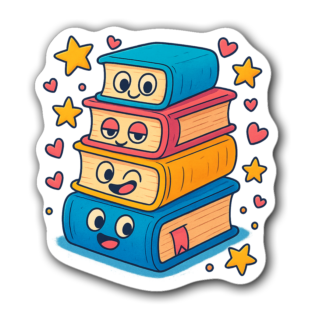 Stack of happy cartoon books with hearts and stars sticker