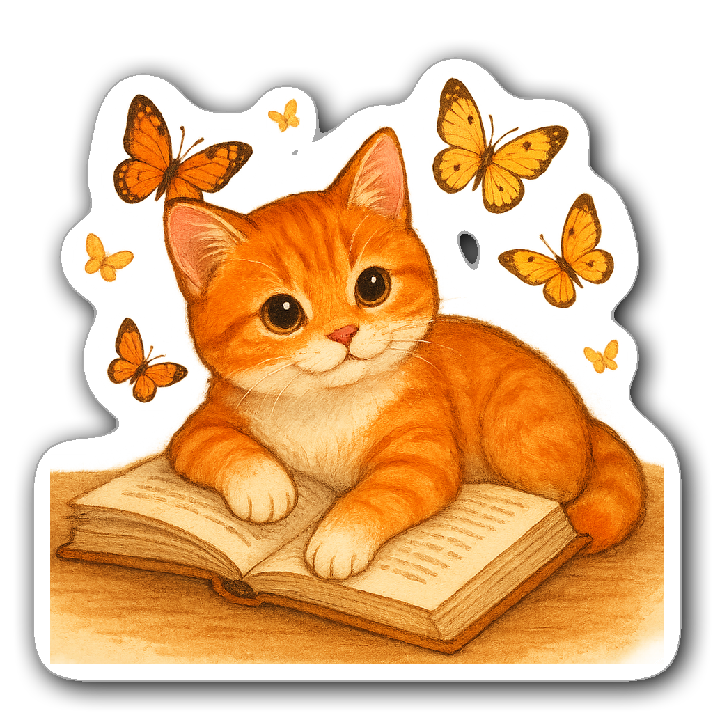 Orange kitten lying on an open book with butterflies sticker