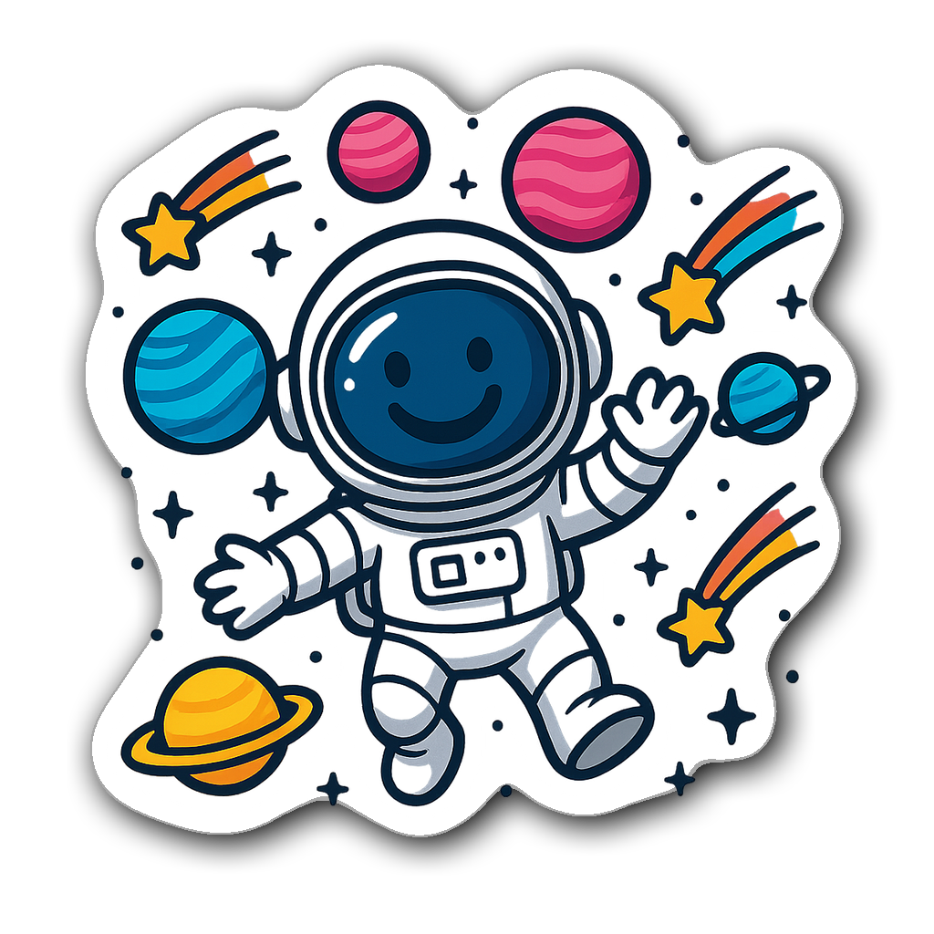 Playful astronaut floating in space with colorful planets and shooting stars