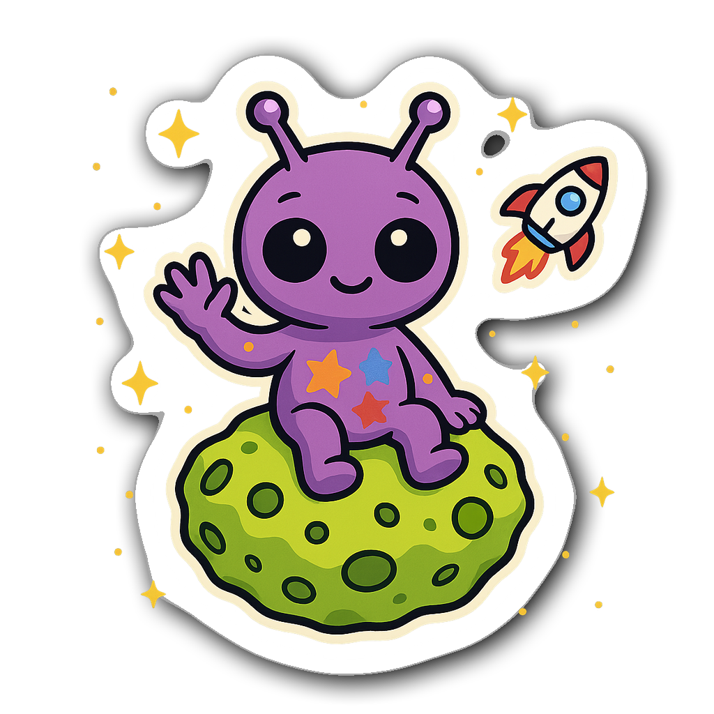 Cartoon alien waving on a green asteroid with stars and a spaceship