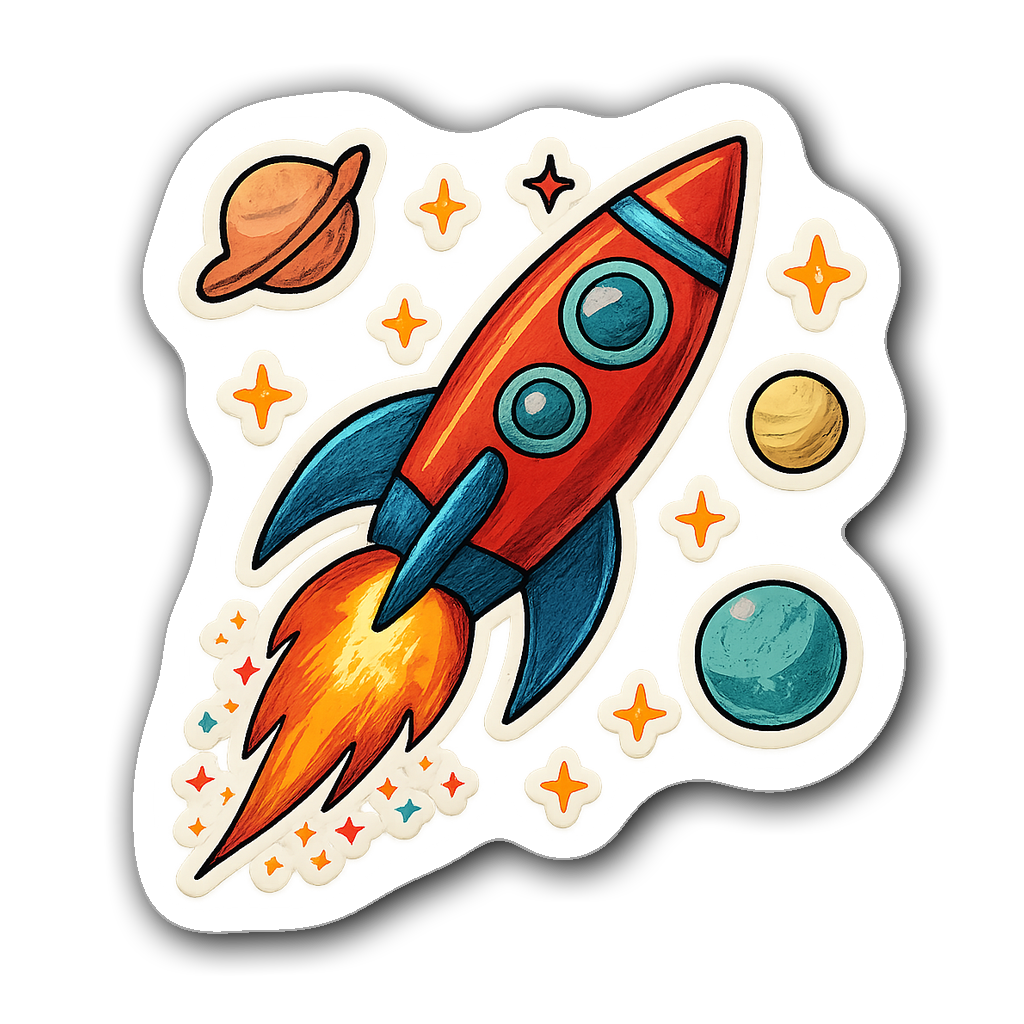 Rocket ship blasting off into space with colorful flames and sparkles