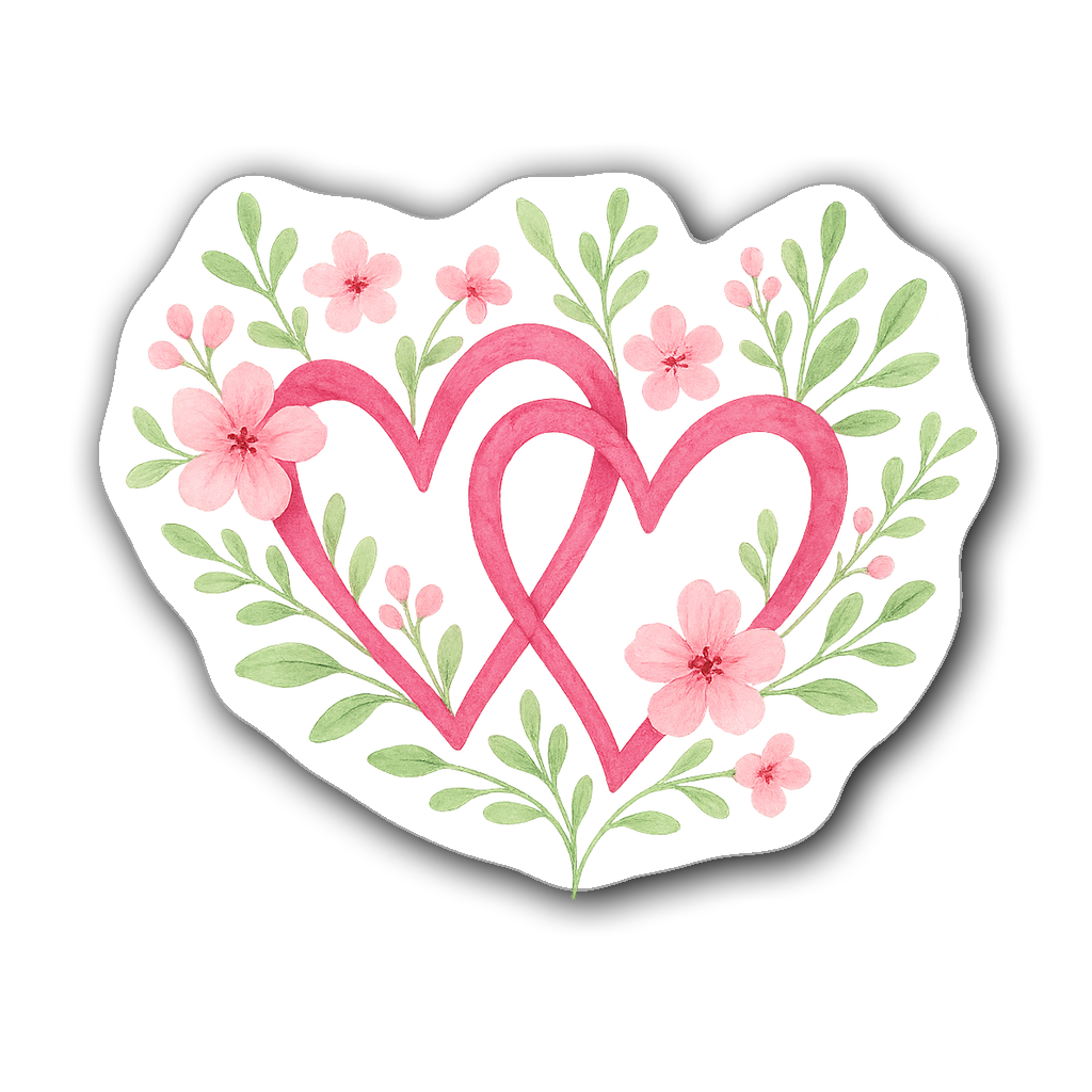Whimsical illustration of intertwined hearts with flowers