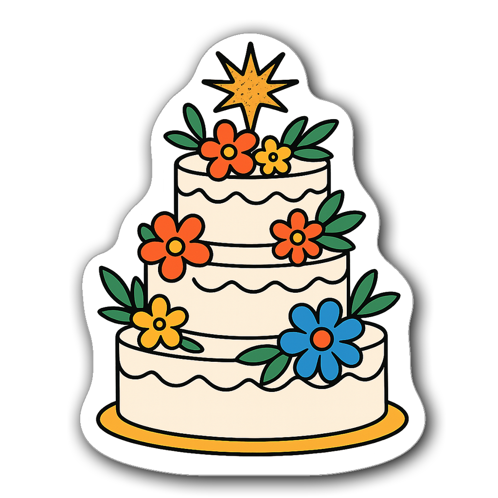 Stylish wedding cake sticker with floral accents and topper