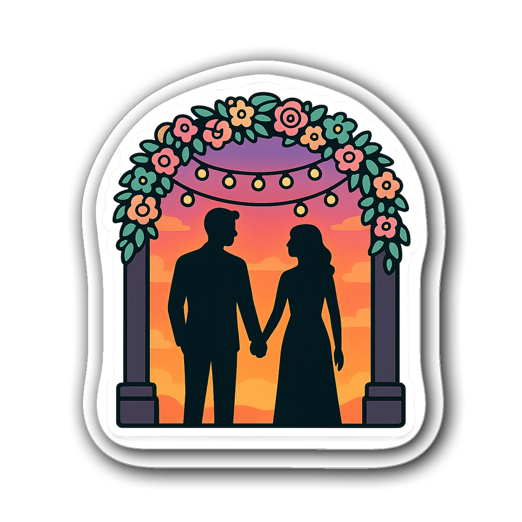 Chic couple silhouette holding hands under a decorated archway