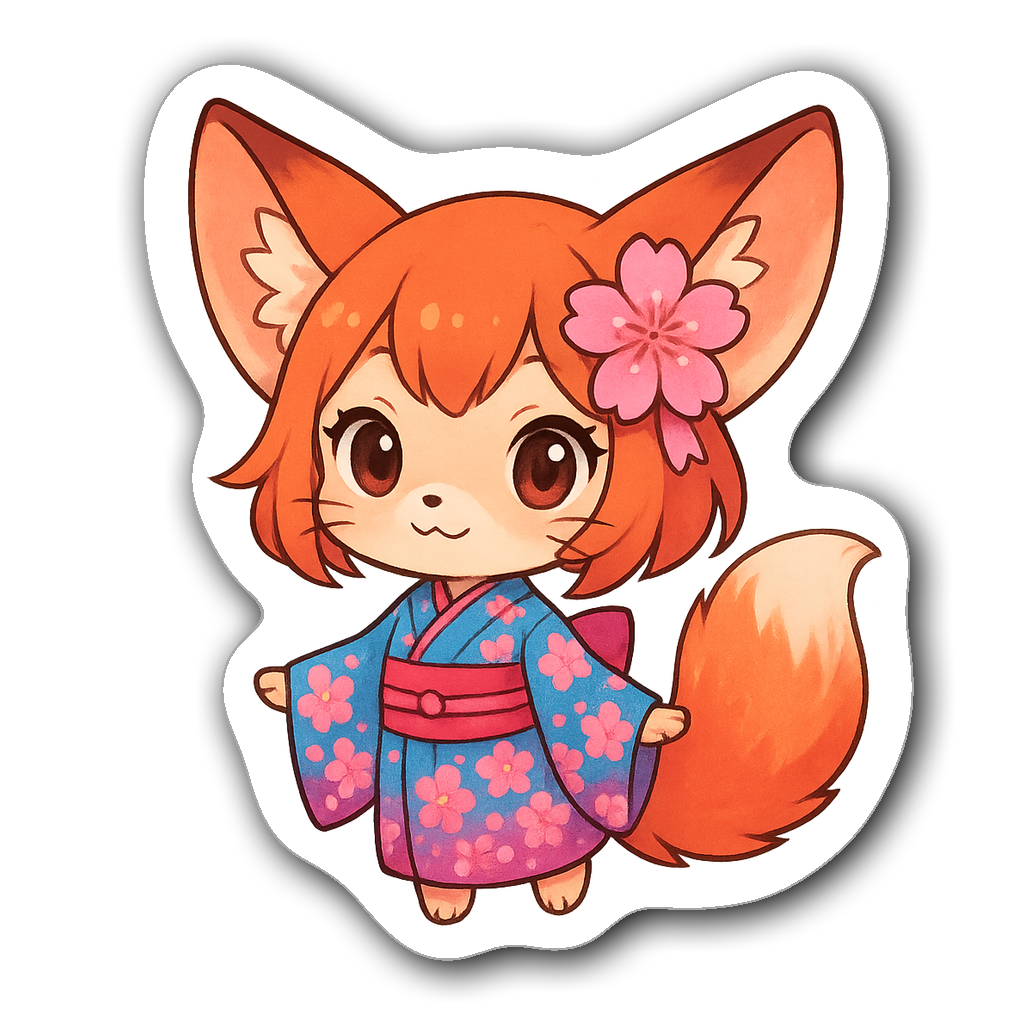Chibi fox girl with oversized ears in a kimono design