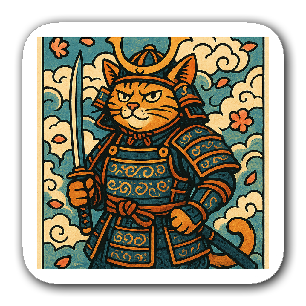 Samurai cat sticker with katana and sakura petals