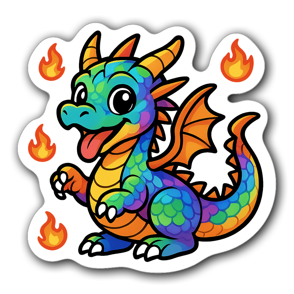 Playful anime dragon with rainbow scales and fireballs