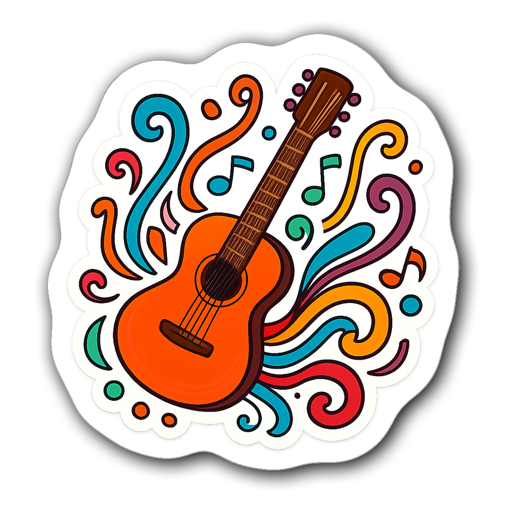 Vibrant vinyl sticker of a whimsical guitar with colorful strings and musical notes