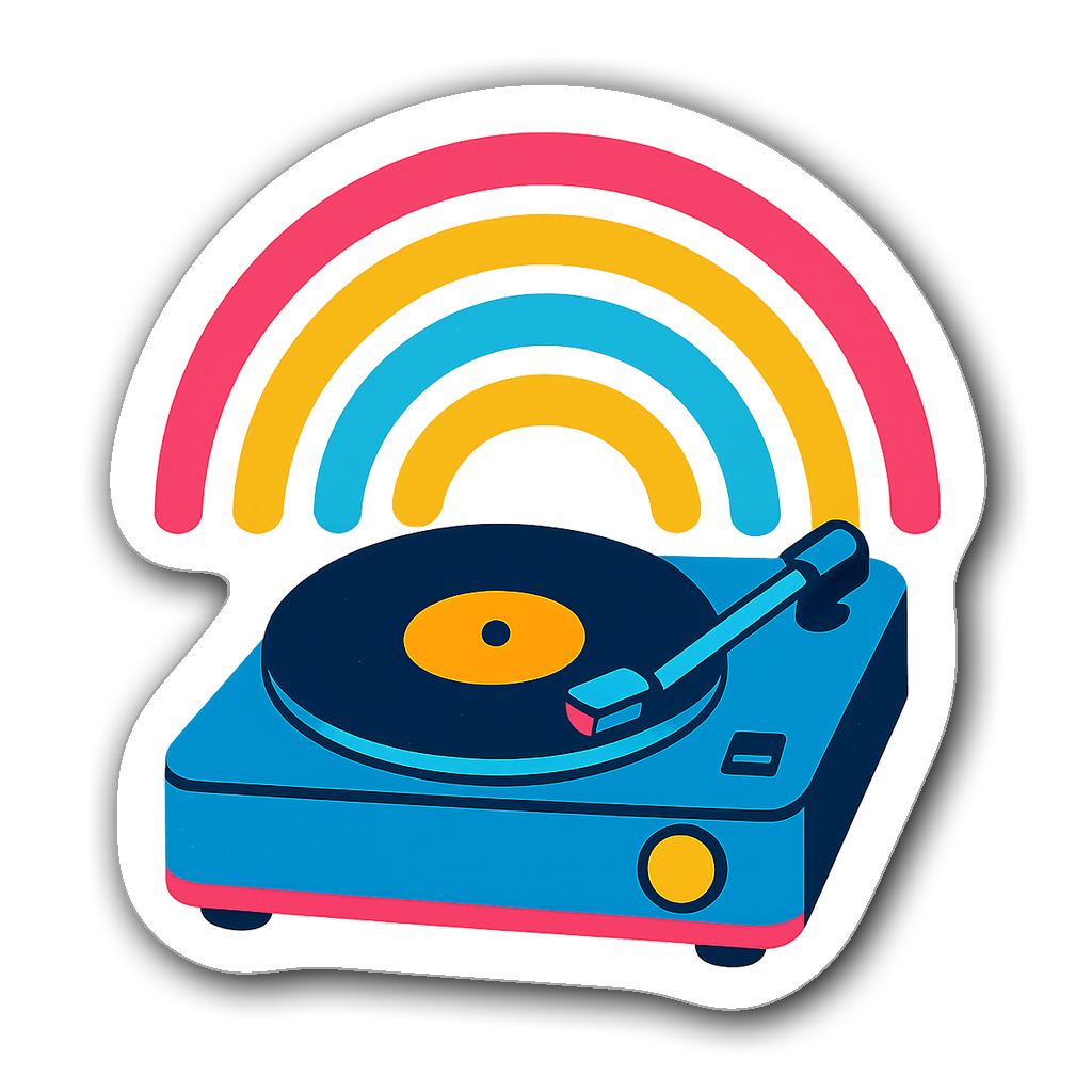Vintage record player illustration with colorful sound waves
