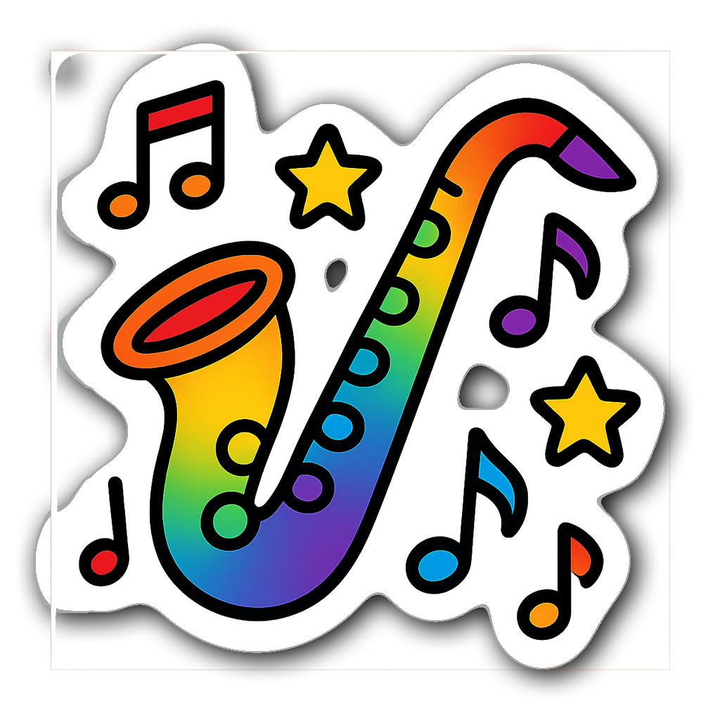 Vibrant saxophone surrounded by stars and musical notes sticker