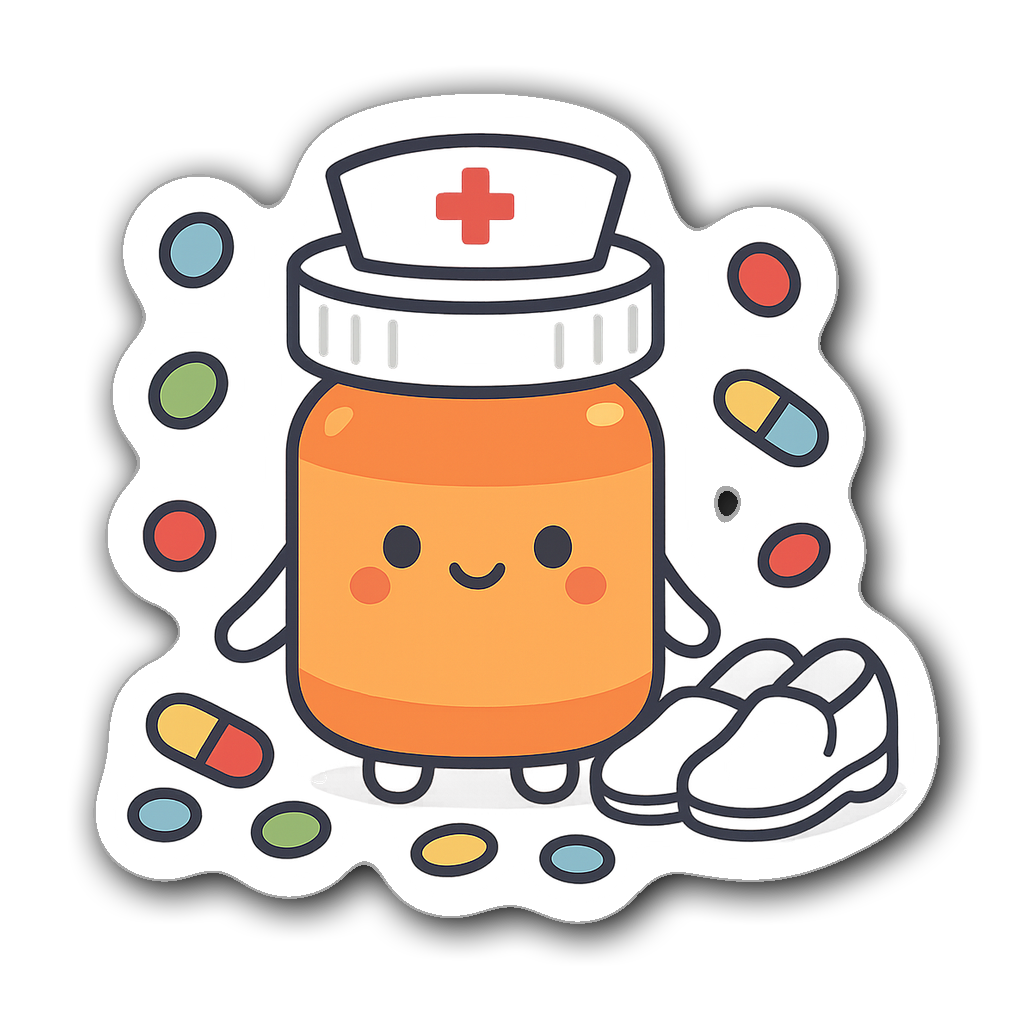 Cute cartoon pill bottle character with nurse's cap and vitamins