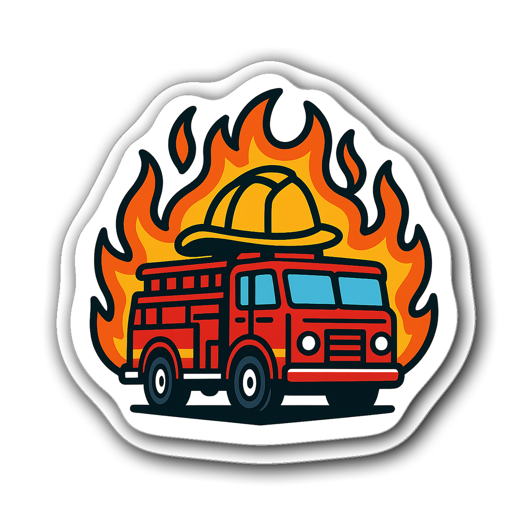 A die-cut sticker of a classic fire truck with flames and helmet