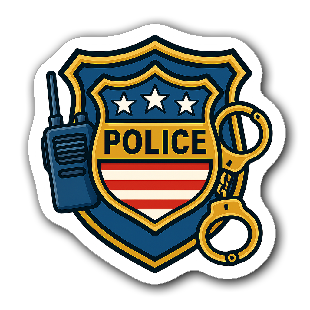 Police badge die-cut sticker with blue and gold design and stars