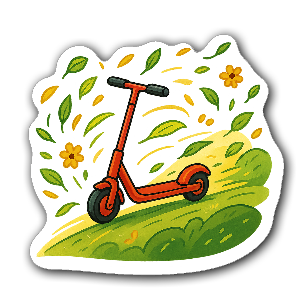 Whimsical electric scooter design with bright colors and motion