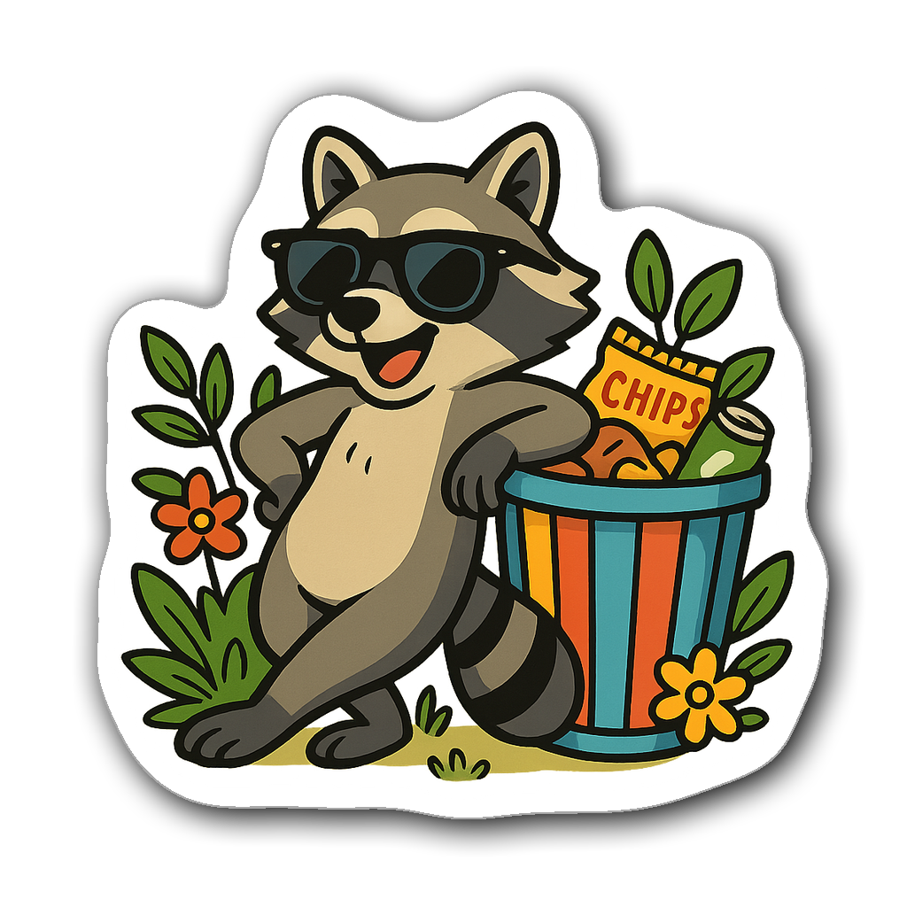 Raccoon wearing sunglasses leaning on a trash can sticker