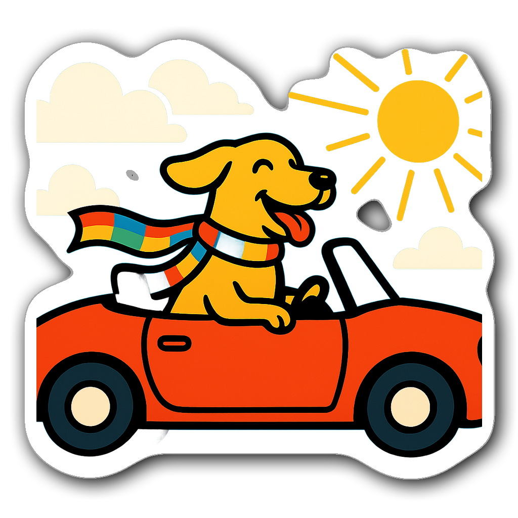 Happy dog with rainbow scarf driving a red convertible sticker