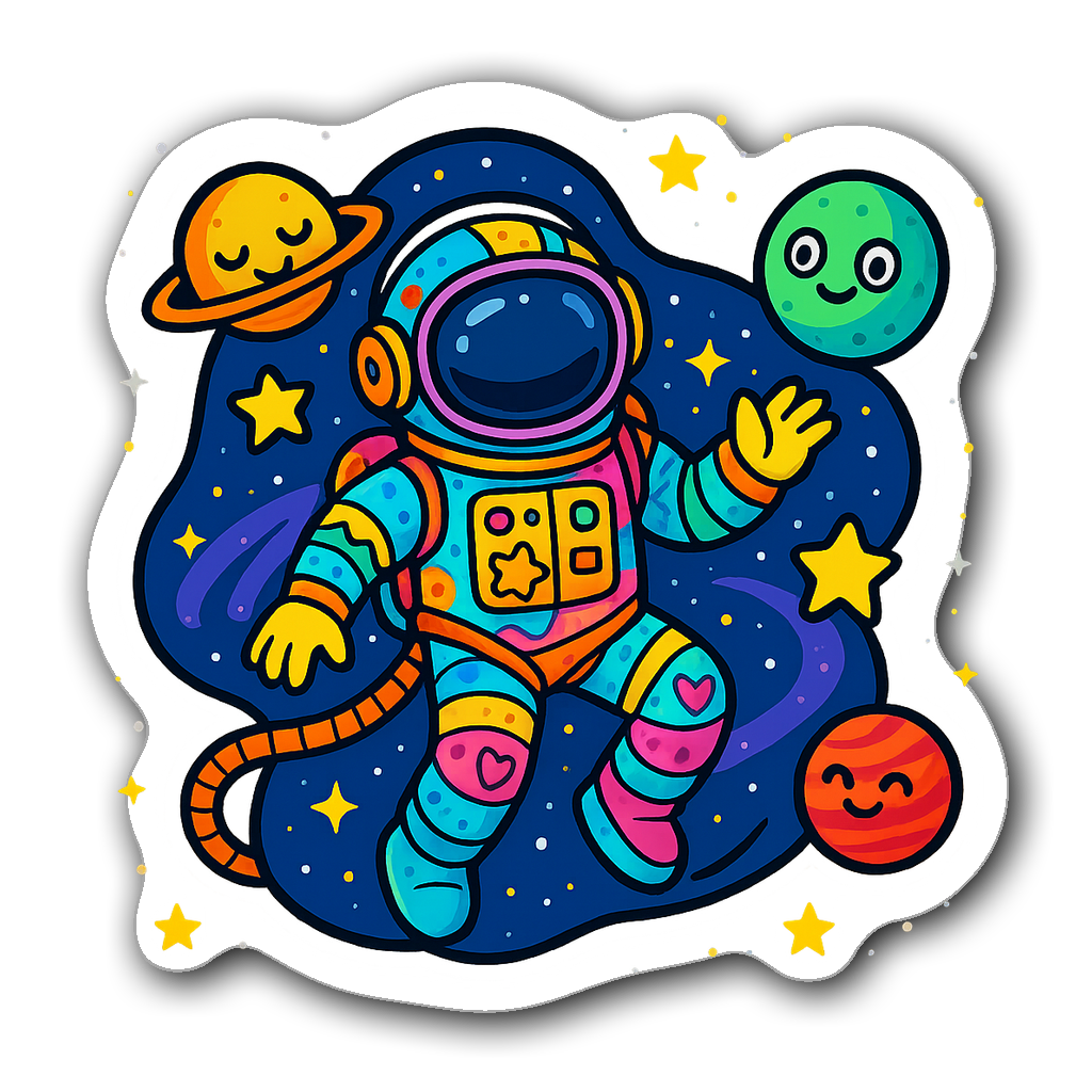 Colorful astronaut floating in space surrounded by stars and planets.