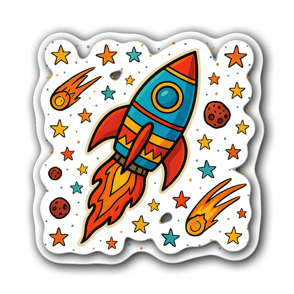 Vibrant rocket ship launching with colorful flames and stars