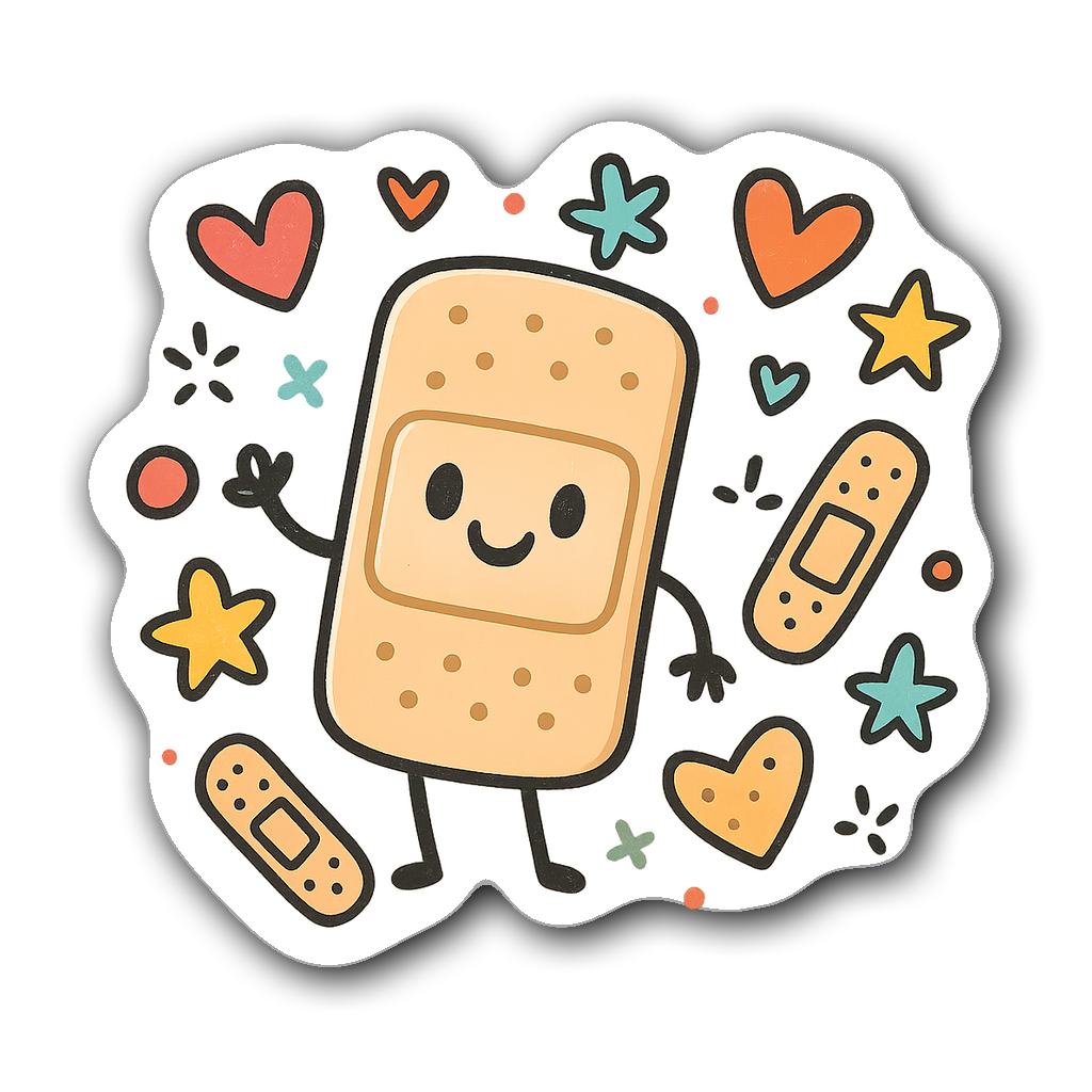 Whimsical cartoon band-aid character surrounded by colorful doodles