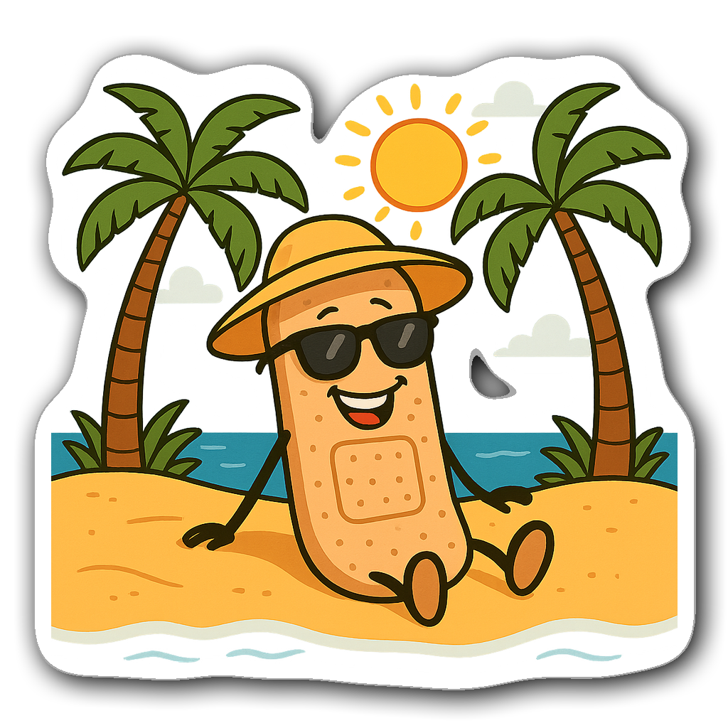 Cheerful cartoon adhesive bandage on a beach with sun hat and sunglasses.