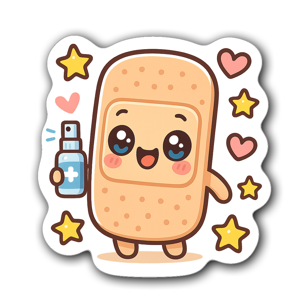 Kawaii chibi bandage with antiseptic spray and stars