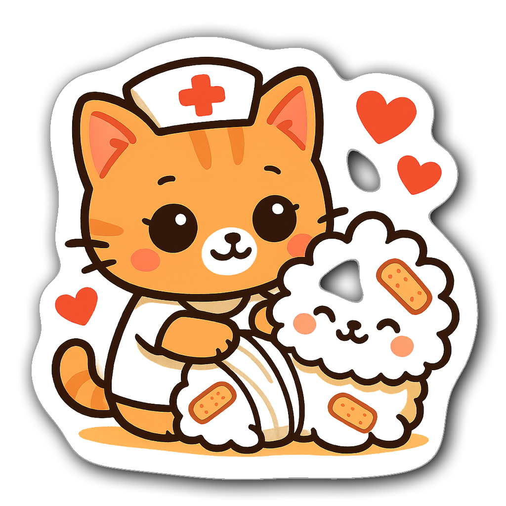 Chibi nurse cat with big eyes bandaging a cute pet