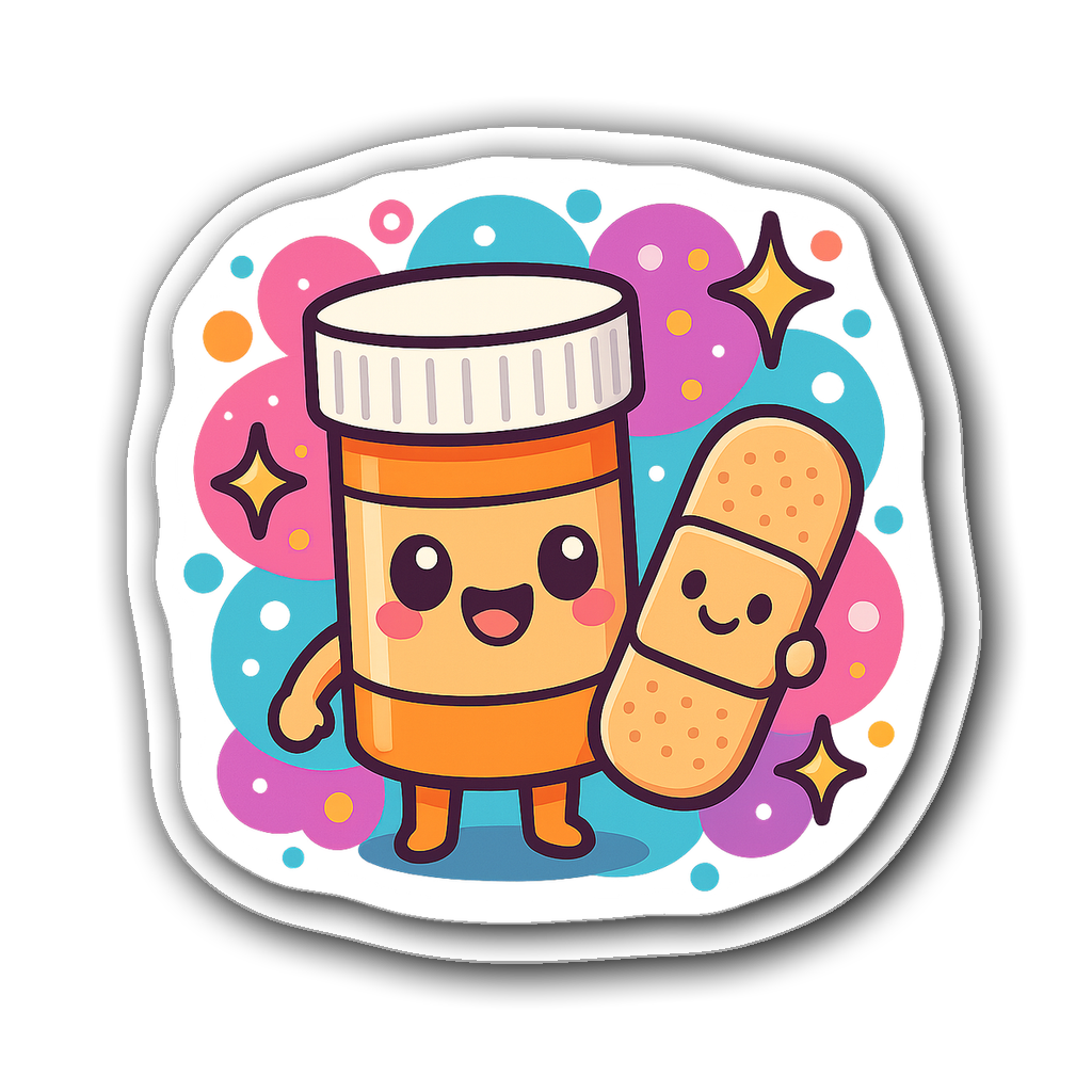 Kawaii chibi-style sticker featuring a cheerful pill bottle and bandage