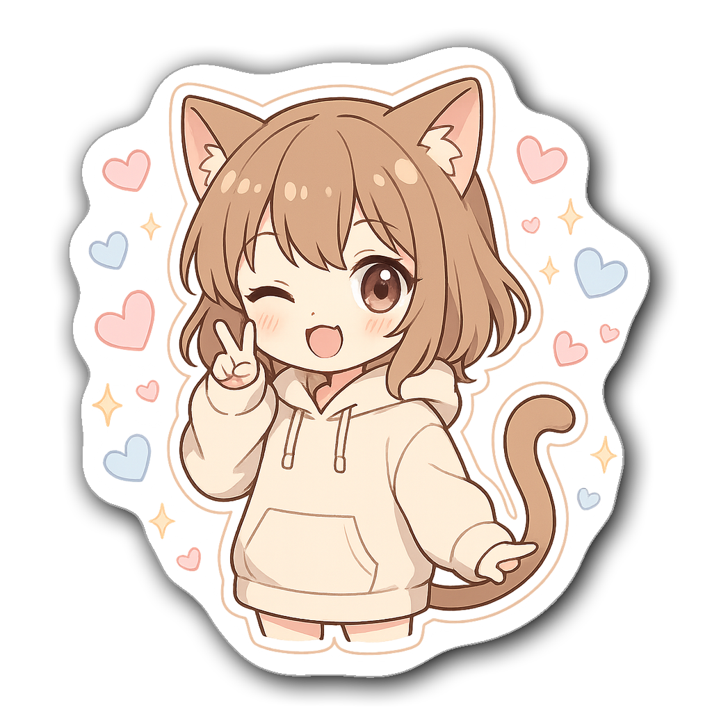 Die-cut sticker of a cute cat girl in an oversized hoodie with hearts