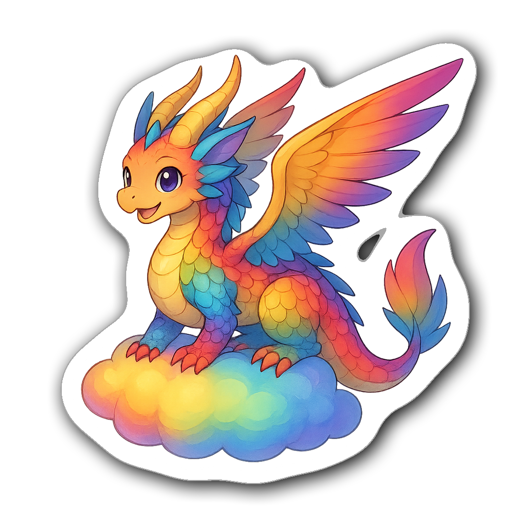 Whimsical anime fantasy creature on a rainbow cloud design