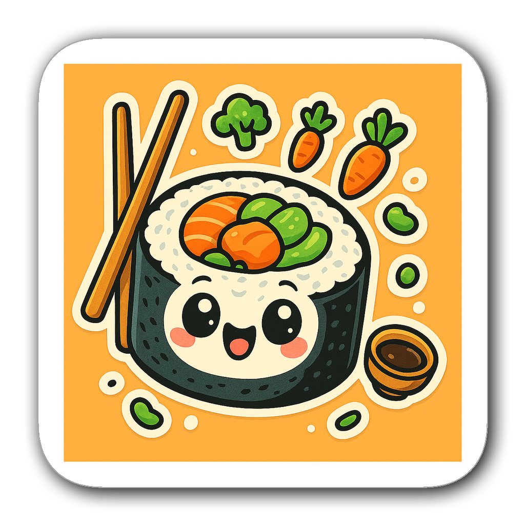 A quirky oversized sushi roll character with chopsticks and soy sauce