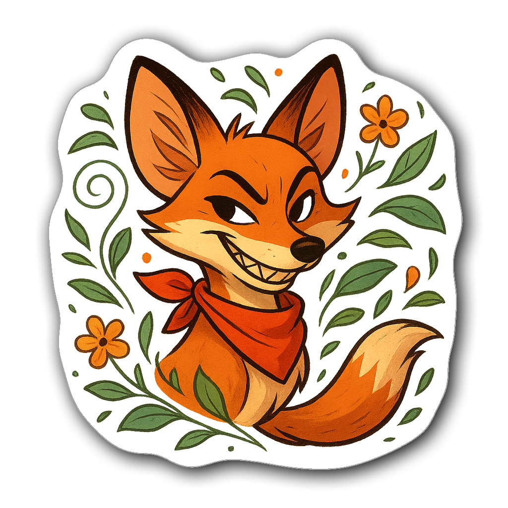 Vibrant vinyl sticker of a playful animated fox with flowers