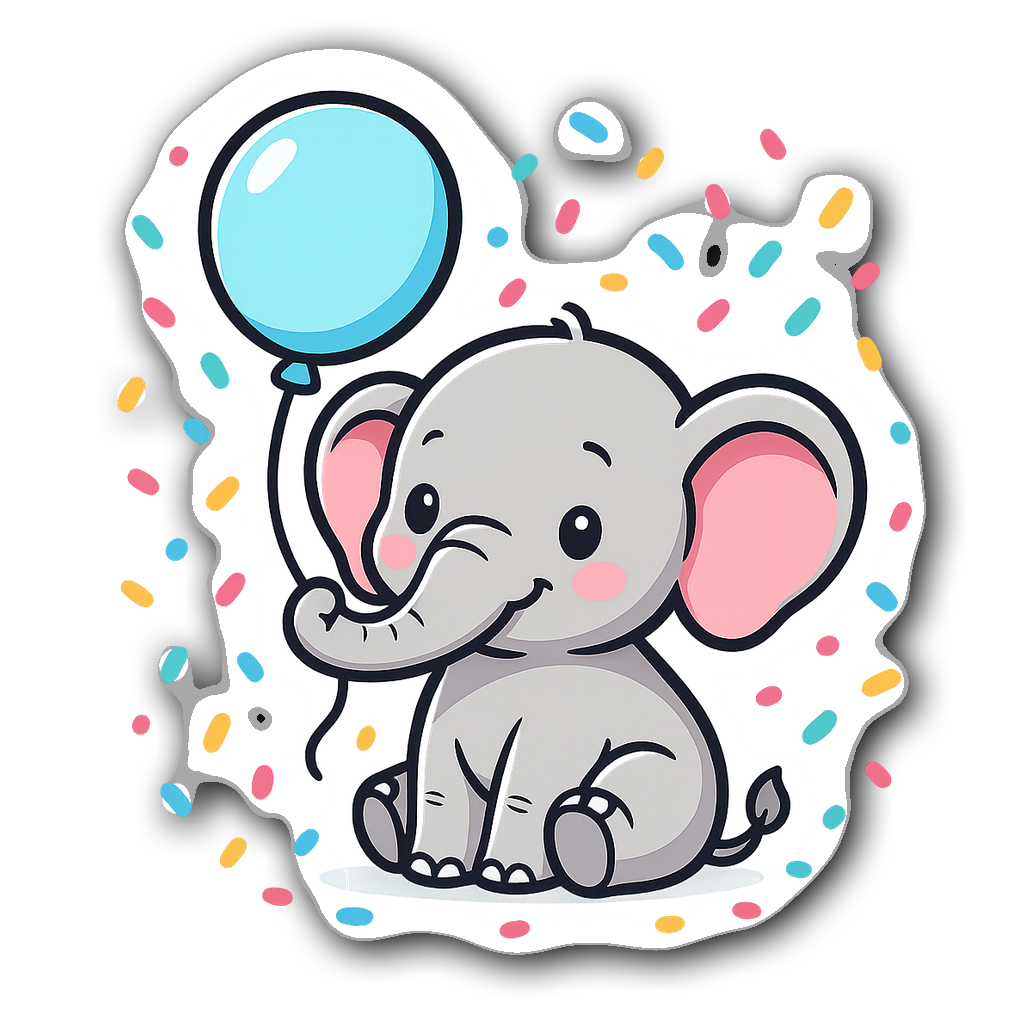 Cute baby elephant holding a pastel blue balloon with confetti