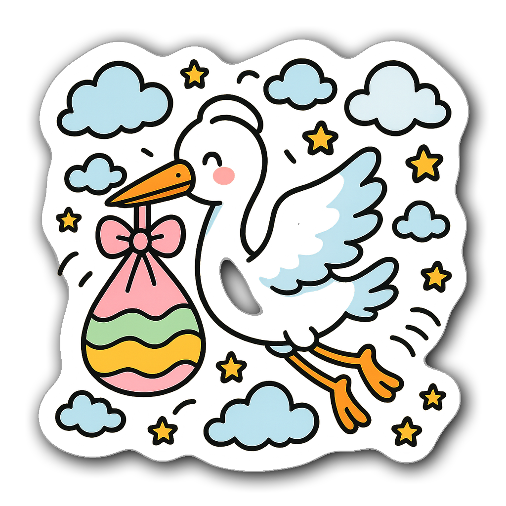 Stork carrying a pastel bundle with clouds and stars