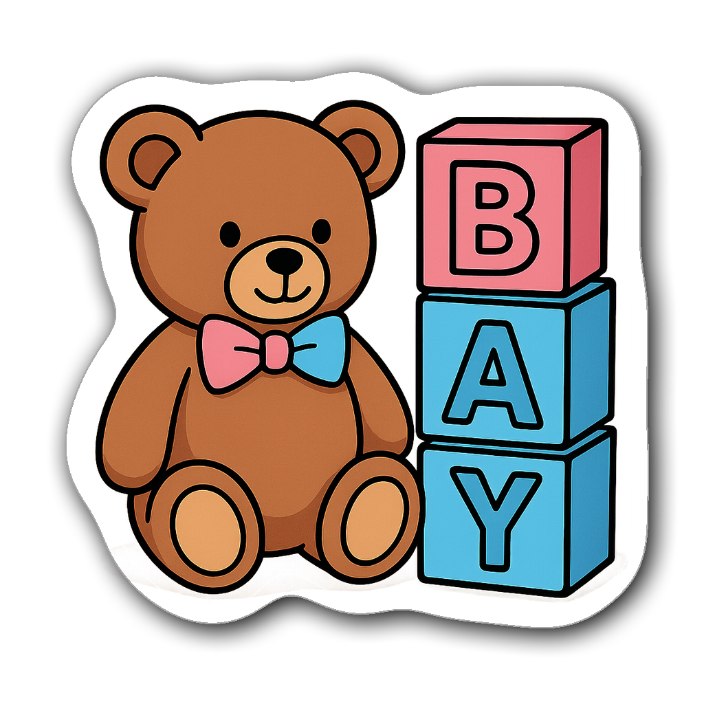 Adorable teddy bear with a pink and blue bowtie next to baby blocks