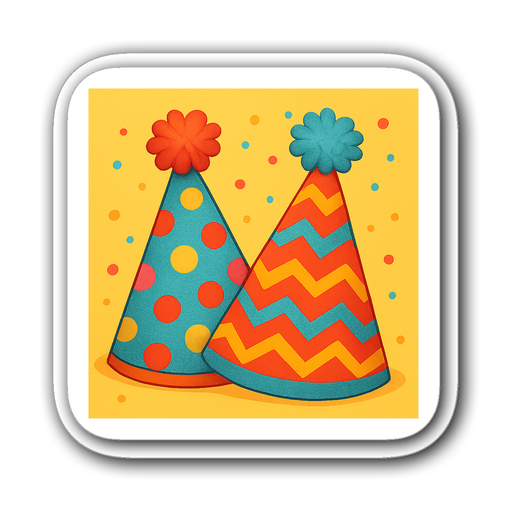 Two colorful birthday party hats with playful patterns and pom-poms
