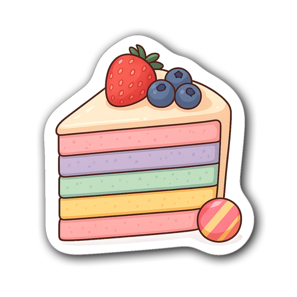 Cheerful slice of birthday cake with pastel colors and toppings