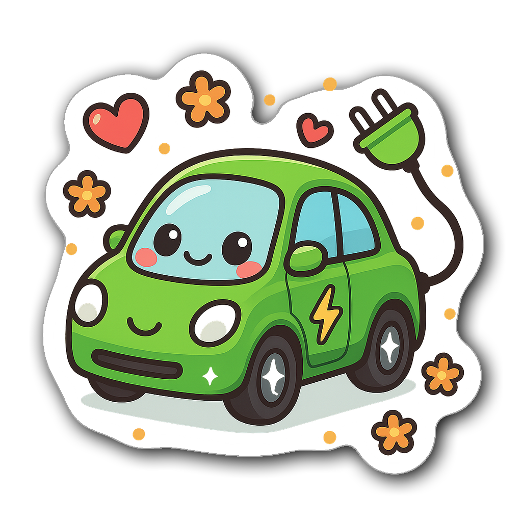 Kawaii chibi electric car with hearts and flowers design