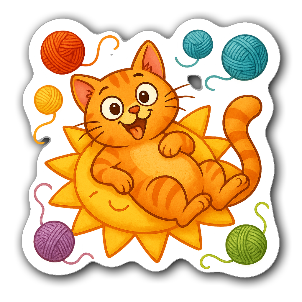 Playful orange tabby cat lounging on a sun-shaped pillow with yarn balls