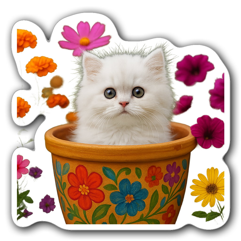 Fluffy white Persian cat in a colorful flower pot