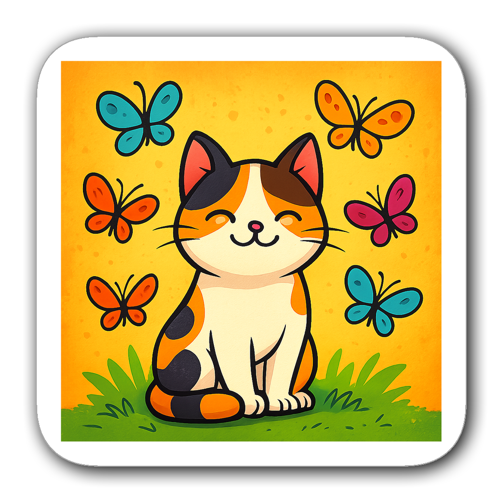 Cartoon-style calico cat surrounded by colorful butterflies on grass.